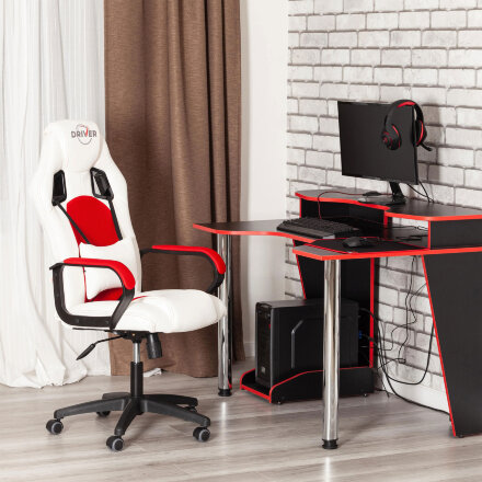 Кресло компьютерное TC Driver искусственная кожа белое с красным 55х49х126 см в Казани 